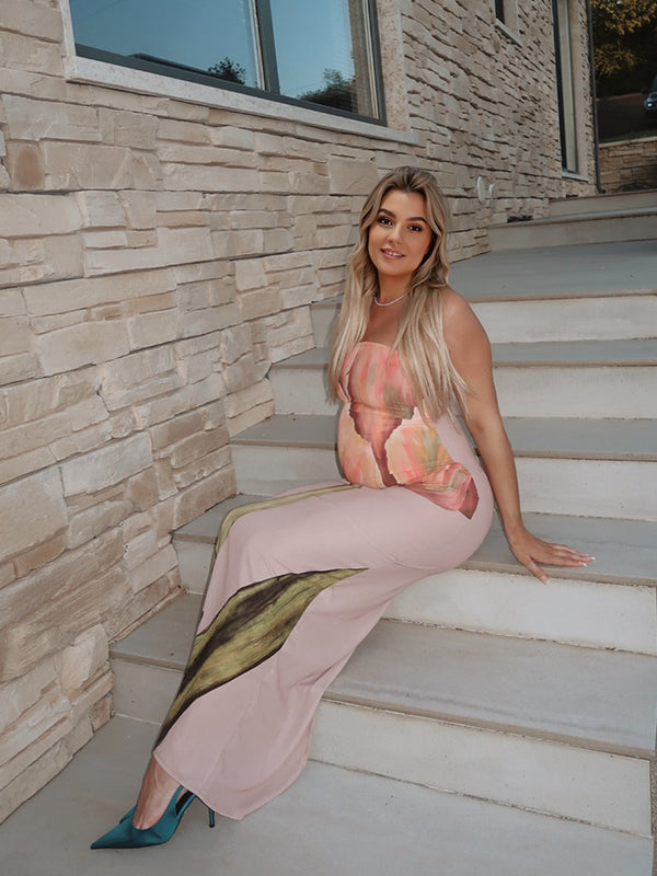 Momsmood Floral Printed Bandeau Strapless Bodycon Sleeveless Chic Baby Moon Party Going Out Maternity Photoshoot Baby Shower Maxi Dress