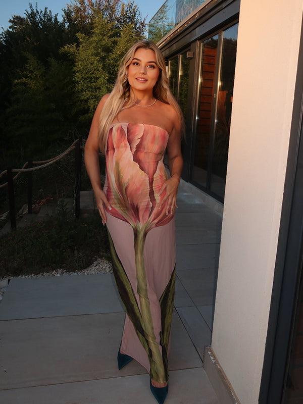 Momsmood Floral Printed Bandeau Strapless Bodycon Sleeveless Chic Baby Moon Party Going Out Maternity Photoshoot Baby Shower Maxi Dress
