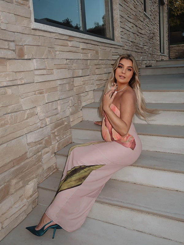 Momsmood Floral Printed Bandeau Strapless Bodycon Sleeveless Chic Baby Moon Party Going Out Maternity Photoshoot Baby Shower Maxi Dress