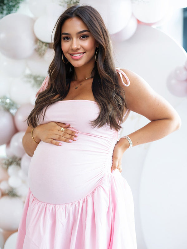 Momsmood Solid Color Ruched Knotted Adjustable Strap Pockets Big Swing Drop-Waist Puffball Elegant Cocktail Party Gown Maternity Photoshoot Baby Shower Maxi Dress