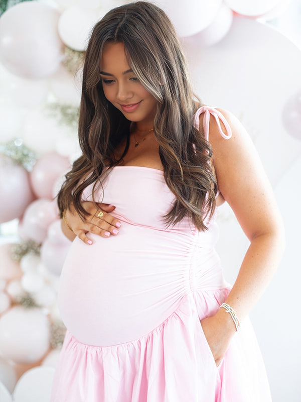 Momsmood Solid Color Ruched Knotted Adjustable Strap Pockets Big Swing Drop-Waist Puffball Elegant Cocktail Party Gown Maternity Photoshoot Baby Shower Maxi Dress