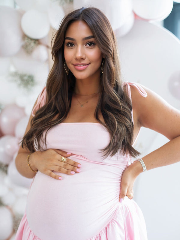 Momsmood Solid Color Ruched Knotted Adjustable Strap Pockets Big Swing Drop-Waist Puffball Elegant Cocktail Party Gown Maternity Photoshoot Baby Shower Maxi Dress