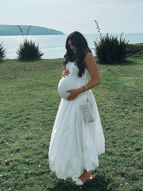 Momsmood Solid Color Ruched Knotted Adjustable Strap Pockets Big Swing Drop-Waist Puffball Elegant Cocktail Party Gown Maternity Photoshoot Baby Shower Maxi Dress