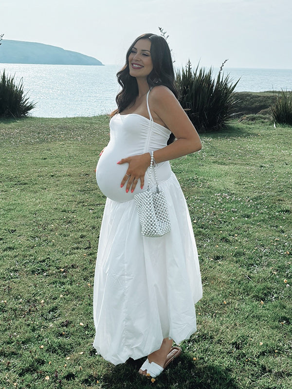 Momsmood Solid Color Ruched Knotted Adjustable Strap Pockets Big Swing Drop-Waist Puffball Elegant Cocktail Party Gown Maternity Photoshoot Baby Shower Maxi Dress