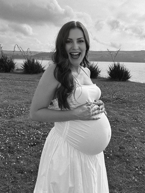 Momsmood Solid Color Ruched Knotted Adjustable Strap Pockets Big Swing Drop-Waist Puffball Elegant Cocktail Party Gown Maternity Photoshoot Baby Shower Maxi Dress