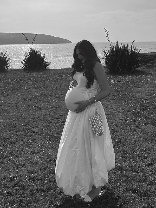 Momsmood Solid Color Ruched Knotted Adjustable Strap Pockets Big Swing Drop-Waist Puffball Elegant Cocktail Party Gown Maternity Photoshoot Baby Shower Maxi Dress