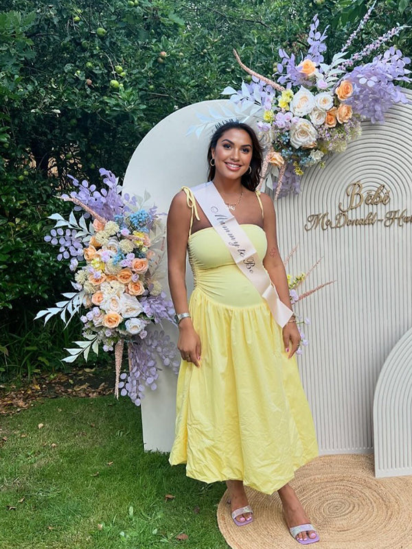Momsmood Solid Color Ruched Knotted Adjustable Strap Pockets Big Swing Drop-Waist Puffball Elegant Cocktail Party Gown Maternity Photoshoot Baby Shower Maxi Dress