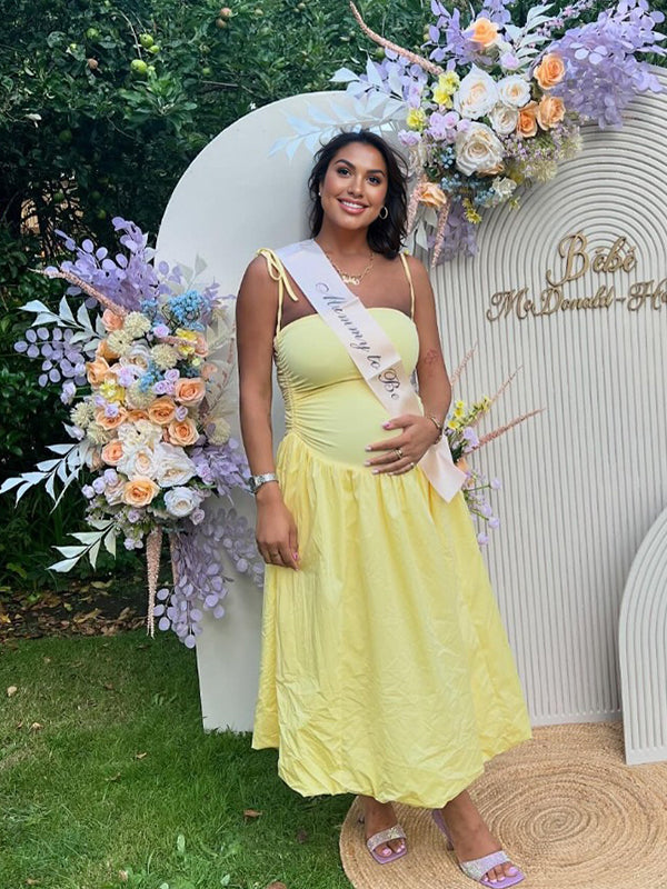 Momsmood Solid Color Ruched Knotted Adjustable Strap Pockets Big Swing Drop-Waist Puffball Elegant Cocktail Party Gown Maternity Photoshoot Baby Shower Maxi Dress