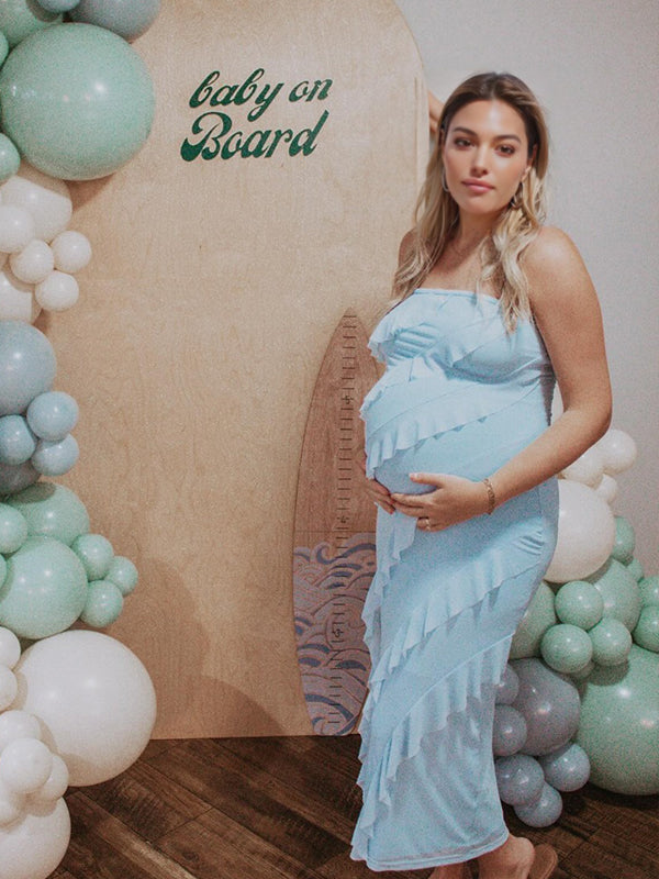 Momsmood Blue Bandeau Ruffle Falbala Back Slit Strapless Bodycon Elegant Cocktail Party Maternity Photoshoot Baby Shower Maxi Dress