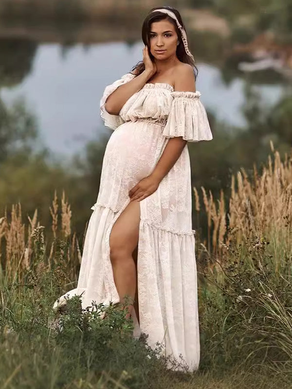 Momsmood White Boho Lace Bandeau Crop Ruffle 2-in-1 Side Slit Photoshoot Maternity Maxi Dress