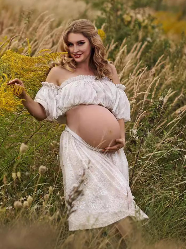 Momsmood White Boho Lace Bandeau Crop Ruffle 2-in-1 Side Slit Photoshoot Maternity Maxi Dress