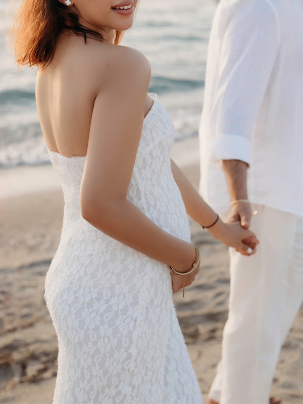 Momsmood White Lace Bow Mermaid Bodycon Elegant Photoshoot Baby Shower Maternity Maxi Dress