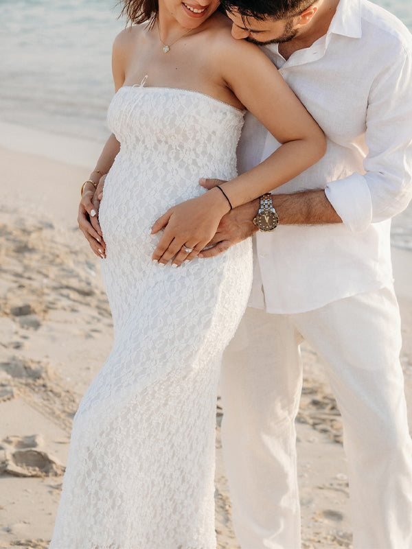 Momsmood White Lace Bow Mermaid Bodycon Elegant Photoshoot Baby Shower Maternity Maxi Dress