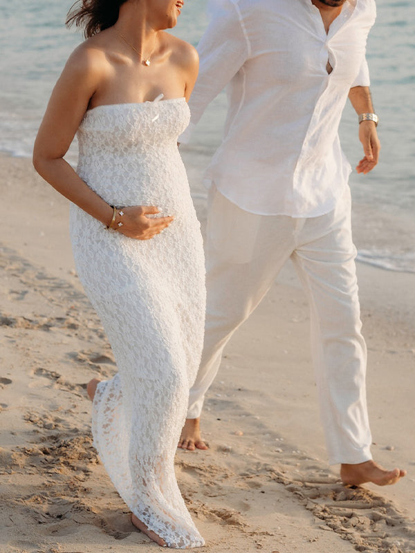 Momsmood White Lace Bow Mermaid Bodycon Elegant Photoshoot Baby Shower Maternity Maxi Dress