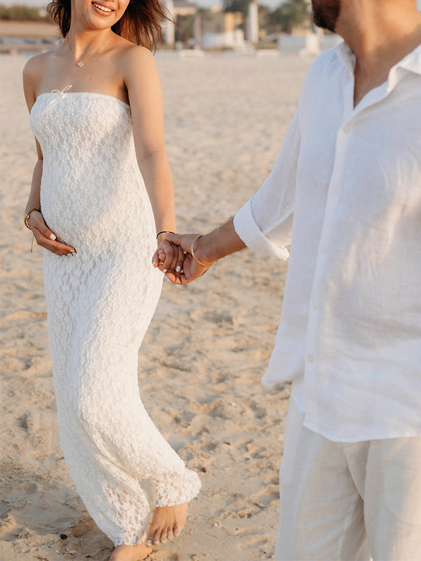 Momsmood White Lace Bow Mermaid Bodycon Elegant Photoshoot Baby Shower Maternity Maxi Dress