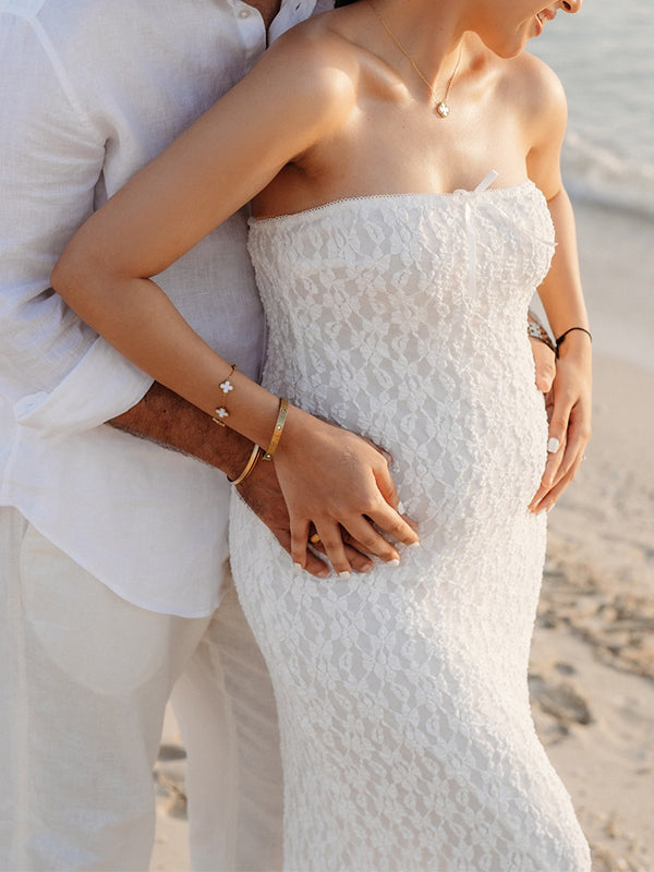 Momsmood White Lace Bow Mermaid Bodycon Elegant Photoshoot Baby Shower Maternity Maxi Dress