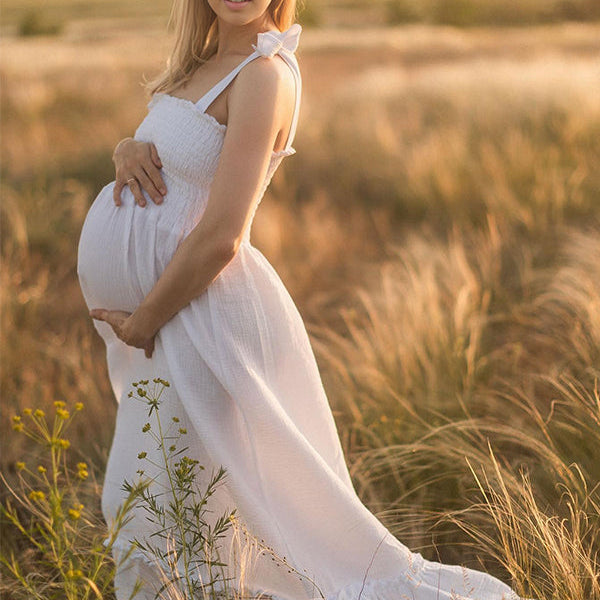 Momsmood White Smocked Knotted Adjustable Strap Ruffle Falbala Babydoll Shirred Big Swing Elegant Baby Moon Going Out Boho Maternity Photoshoot Baby Shower Maxi Dress