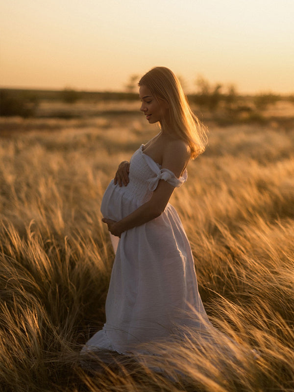 Momsmood White Smocked Knotted Adjustable Strap Ruffle Falbala Babydoll Shirred Big Swing Elegant Baby Moon Going Out Boho Maternity Photoshoot Baby Shower Maxi Dress