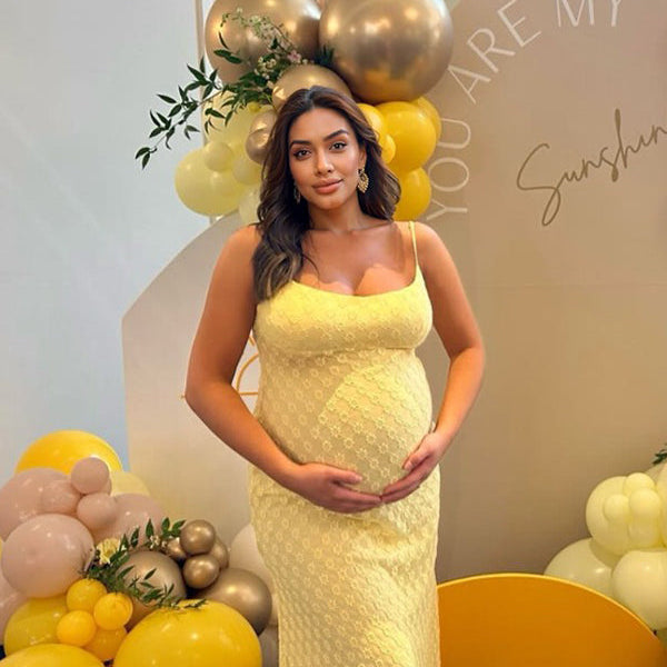 Momsmood Yellow Lace Floral Mesh Cami Bodycon Elegant Cocktail Party Going Out Daily Maternity Photoshoot Baby Shower Maxi Dress