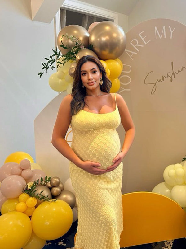 Momsmood Yellow Lace Floral Mesh Cami Bodycon Elegant Cocktail Party Going Out Daily Maternity Photoshoot Baby Shower Maxi Dress