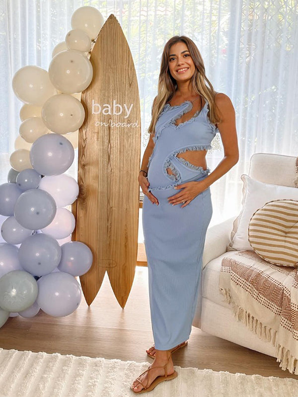 Momsmood Blue Irregular Hollow-out Backless Ruffle-trim Ribbed-knit Cami Bodycon Elegant Cocktail Party Maternity Photoshoot Baby Shower Maxi Dress