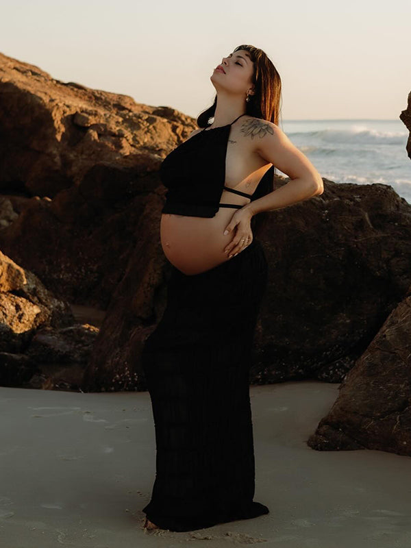 Momsmood Black Tiered Ruffles Two Piece Set Halter Neck Backless Crop Top And Maxi Skirt Elegant Baby Moon Beach Boho Maternity Photoshoot Baby Shower Maxi Dress