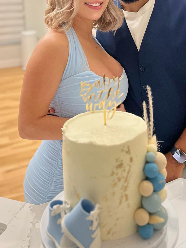 Momsmood Blue Tulle Halter Neck Backless Cascading Ruffle Bodycon Side Slit Going Out Gowns Elegant Baby Shower Maternity Maxi Dress