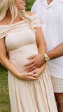 Momsmood Apricot Off Shoulder Ruched Backless Boat Neck Cap Sleeve Splicing Elegant Boutique Holiday Gowns Photoshoot Maternity Maxi Dress
