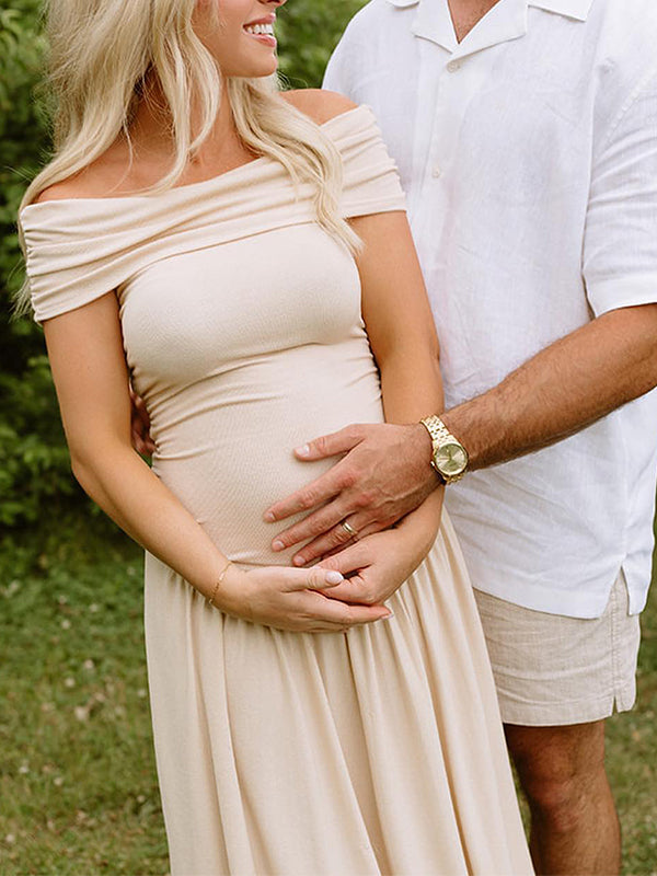 Momsmood Apricot Off Shoulder Ruched Backless Boat Neck Cap Sleeve Splicing Elegant Boutique Holiday Gowns Photoshoot Maternity Maxi Dress
