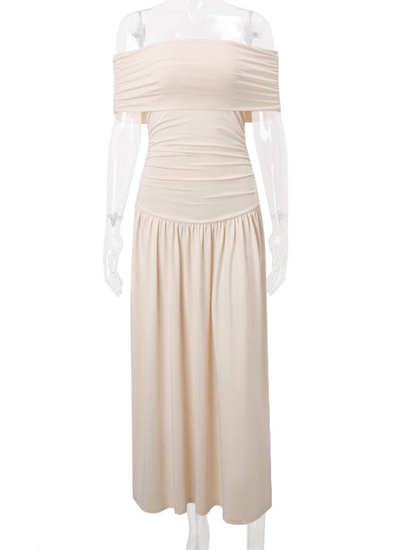 Momsmood Apricot Off Shoulder Ruched Backless Boat Neck Cap Sleeve Splicing Elegant Boutique Holiday Gowns Photoshoot Maternity Maxi Dress