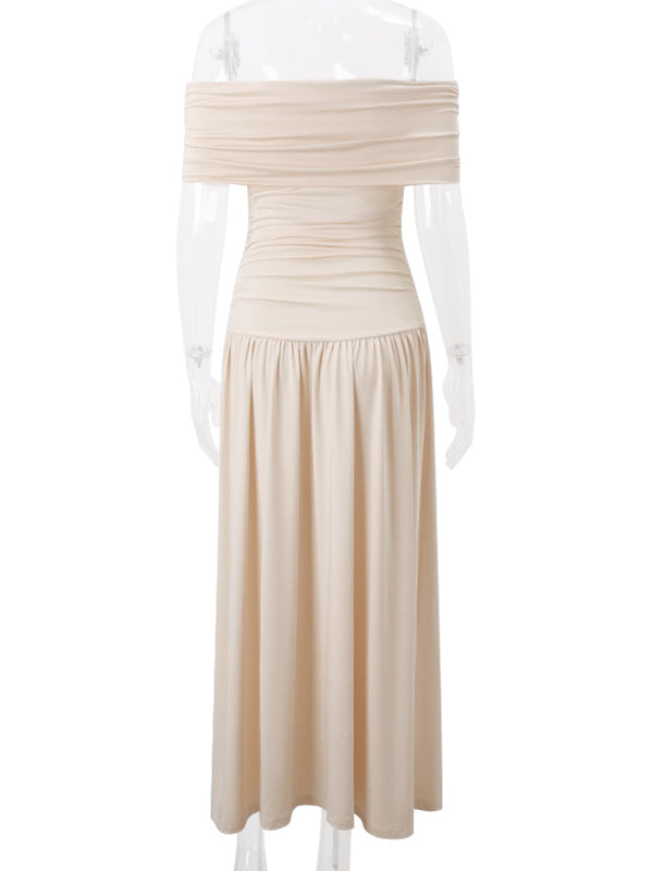 Momsmood Apricot Off Shoulder Ruched Backless Boat Neck Cap Sleeve Splicing Elegant Boutique Holiday Gowns Photoshoot Maternity Maxi Dress