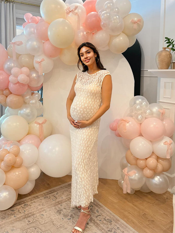 Momsmood White Lace Cap Sleeve Irregular Mermaid Bodycon Elegant Photoshoot Baby Shower Maternity Maxi Dress