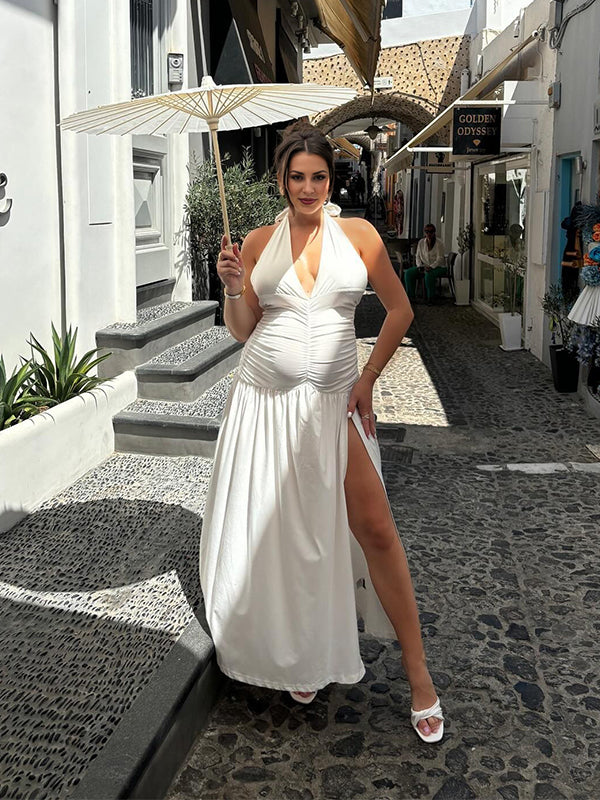 Momsmood Ruched Side Slit Halter Neck Deep V-neck Flowy Vacation Elegant Photoshoot Baby Shower Maternity Maxi Dress