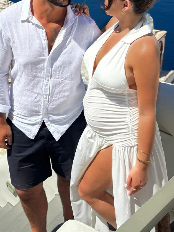 Momsmood Ruched Side Slit Halter Neck Deep V-neck Flowy Vacation Elegant Photoshoot Baby Shower Maternity Maxi Dress
