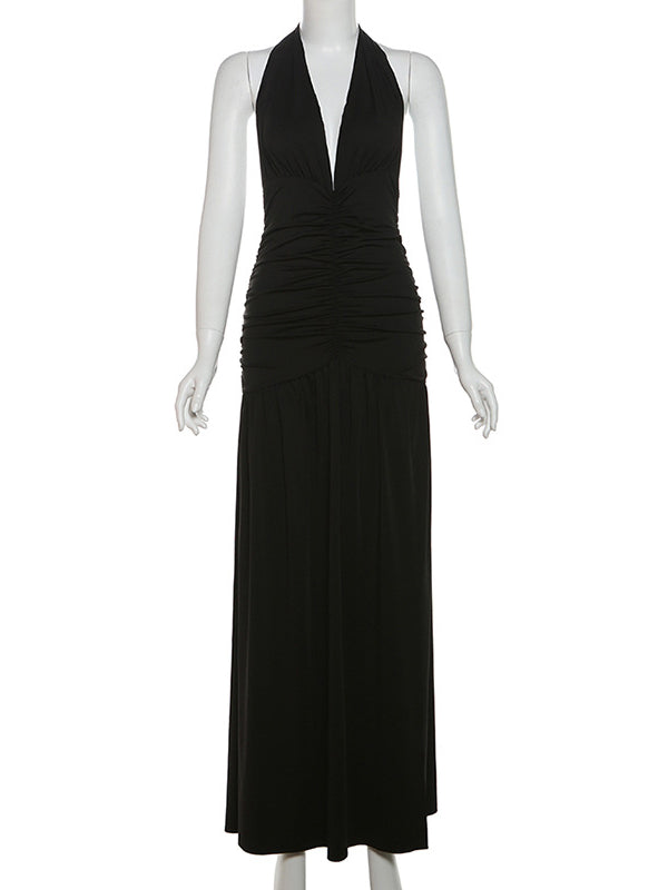 Momsmood Ruched Side Slit Halter Neck Deep V-neck Flowy Vacation Elegant Photoshoot Baby Shower Maternity Maxi Dress