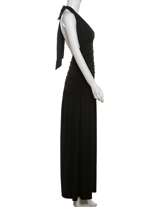 Momsmood Ruched Side Slit Halter Neck Deep V-neck Flowy Vacation Elegant Photoshoot Baby Shower Maternity Maxi Dress
