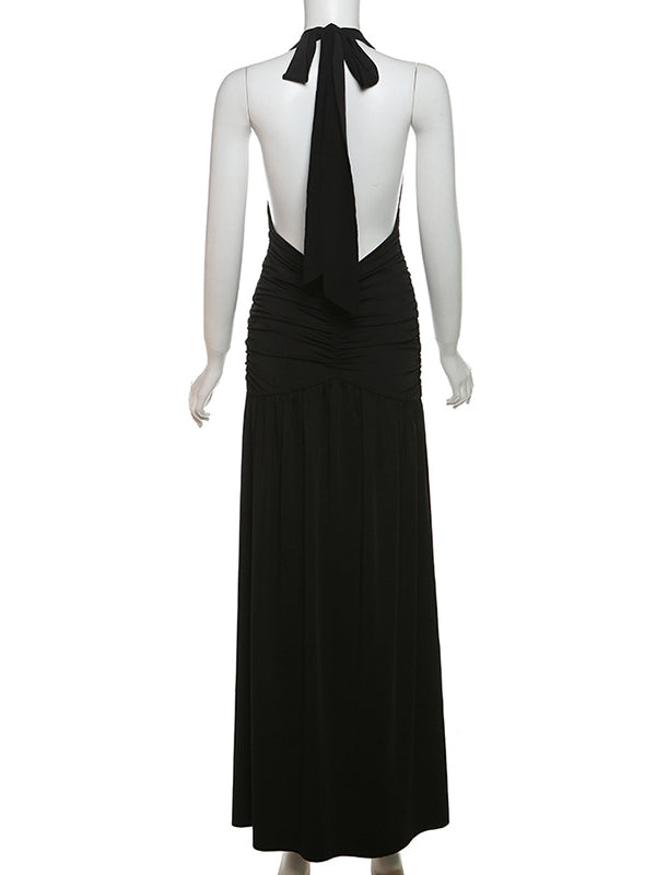 Momsmood Ruched Side Slit Halter Neck Deep V-neck Flowy Vacation Elegant Photoshoot Baby Shower Maternity Maxi Dress