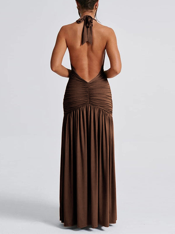 Momsmood Ruched Side Slit Halter Neck Deep V-neck Flowy Vacation Elegant Photoshoot Baby Shower Maternity Maxi Dress