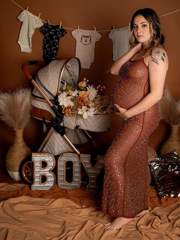 Momsmood Coffee Sheer Rhinestone Diamond Cami Bodycon Fashion Party Club Maternity Photoshoot Baby Shower Maternity Maxi Dress