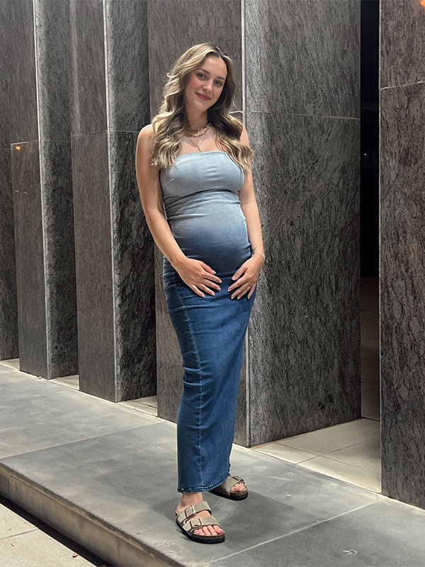 Momsmood Bandeau Denim Gradient Color Back Slit Bodycon Fashion Party Vacation Maternity Maxi Dress