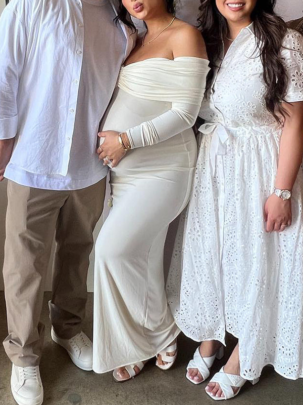 Momsmood White Ruched Off Shoulder Backless Bowknot Bandeau Bodycon Mermaid Cocktail Party Bandage Babyshower Gowns Photoshoot Maternity Maxi Dress