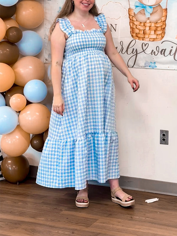 Momsmood Plaid Printing Ruffle Splicing Spaghetti Strap Backless Big Swing Ruched Vacation Gowns Cute Baby Shower Maternity Maxi Dress