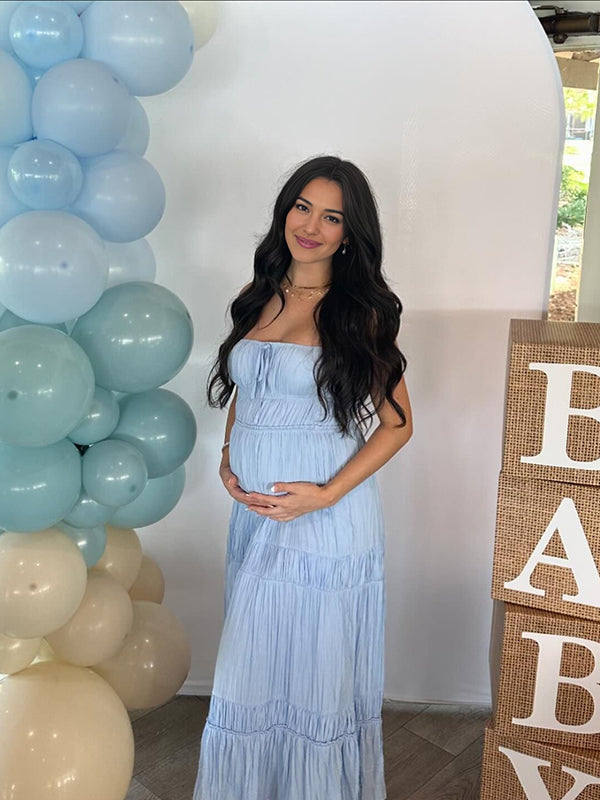 Momsmood Blue Plus Size Lace-Up Backless Tie Back Tiered Big Swing Cami Pockets Flowy Elegant Baby Moon Beach Boho Maternity Photoshoot Baby Shower Maxi Dress