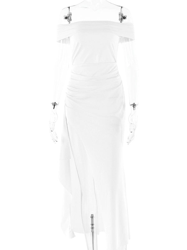 Momsmood White Off Shoulder Ruched Ruffle Falbala Side Slit Bodycon Elegant Cocktail Evening Gown Gown Maternity Photoshoot Baby Shower Maxi Dress