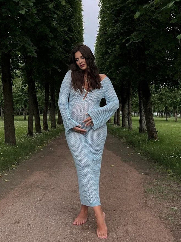 Momsmood Blue Crochet Hollow Out Backless Deep V-neck Flare Sleeve Elegant Baby Moon Beach Cover Up Photoshoot Baby Shower Maxi Dress