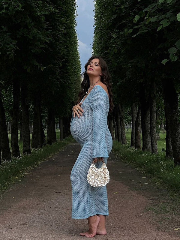 Momsmood Blue Crochet Hollow Out Backless Deep V-neck Flare Sleeve Elegant Baby Moon Beach Cover Up Photoshoot Baby Shower Maxi Dress