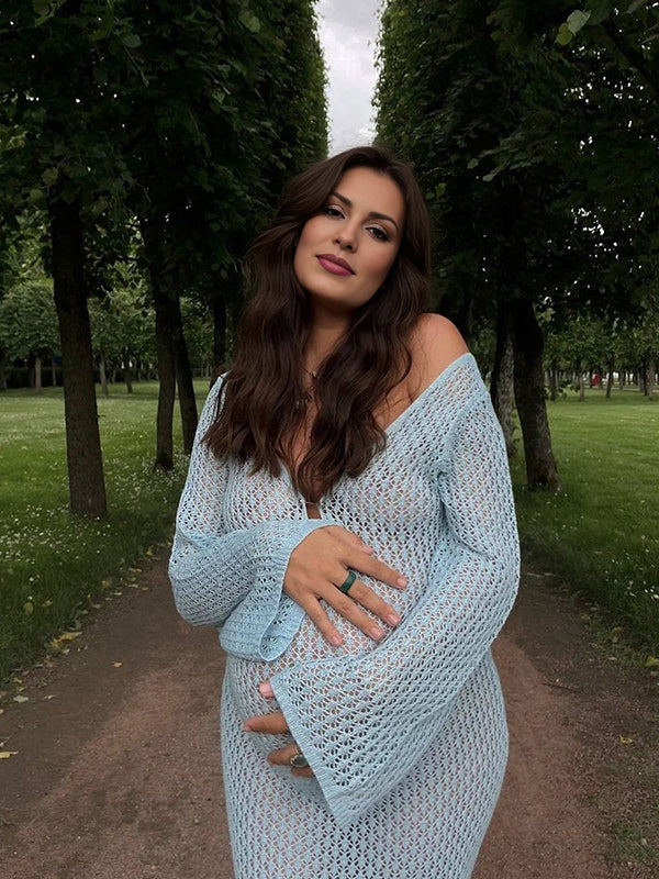 Momsmood Blue Crochet Hollow Out Backless Deep V-neck Flare Sleeve Elegant Baby Moon Beach Cover Up Photoshoot Baby Shower Maxi Dress