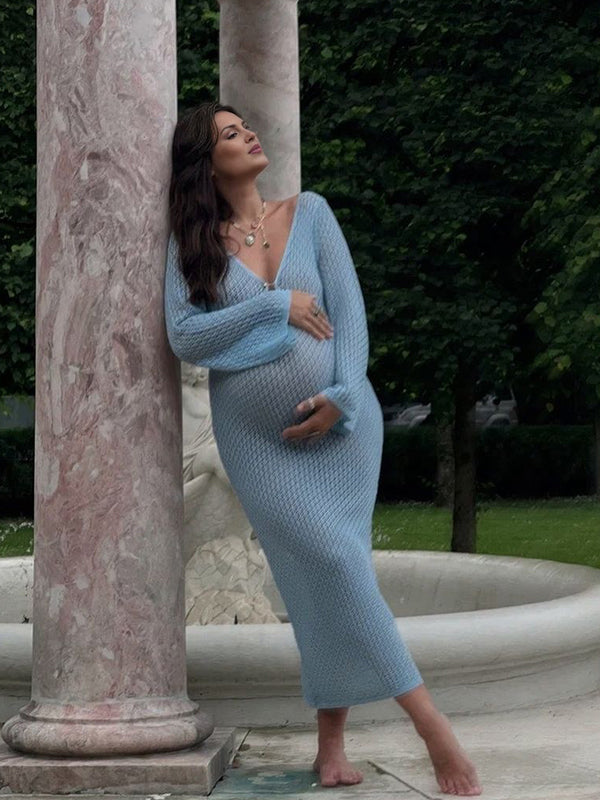 Momsmood Blue Crochet Hollow Out Backless Deep V-neck Flare Sleeve Elegant Baby Moon Beach Cover Up Photoshoot Baby Shower Maxi Dress