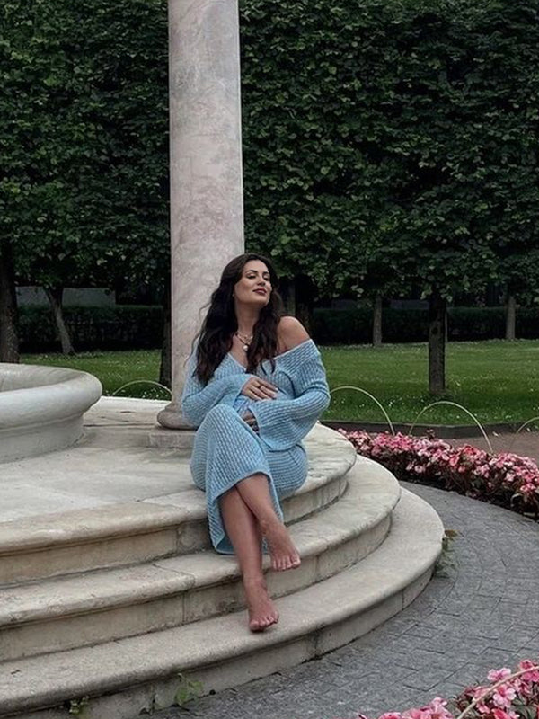Momsmood Blue Crochet Hollow Out Backless Deep V-neck Flare Sleeve Elegant Baby Moon Beach Cover Up Photoshoot Baby Shower Maxi Dress