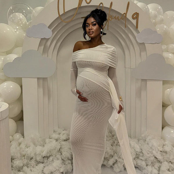 Momsmood White Mesh Irregular Ruched Draped Off Shoulder Bodycon Elegant Cocktail Party Gown Maternity Photoshoot Baby Shower Maxi Dress